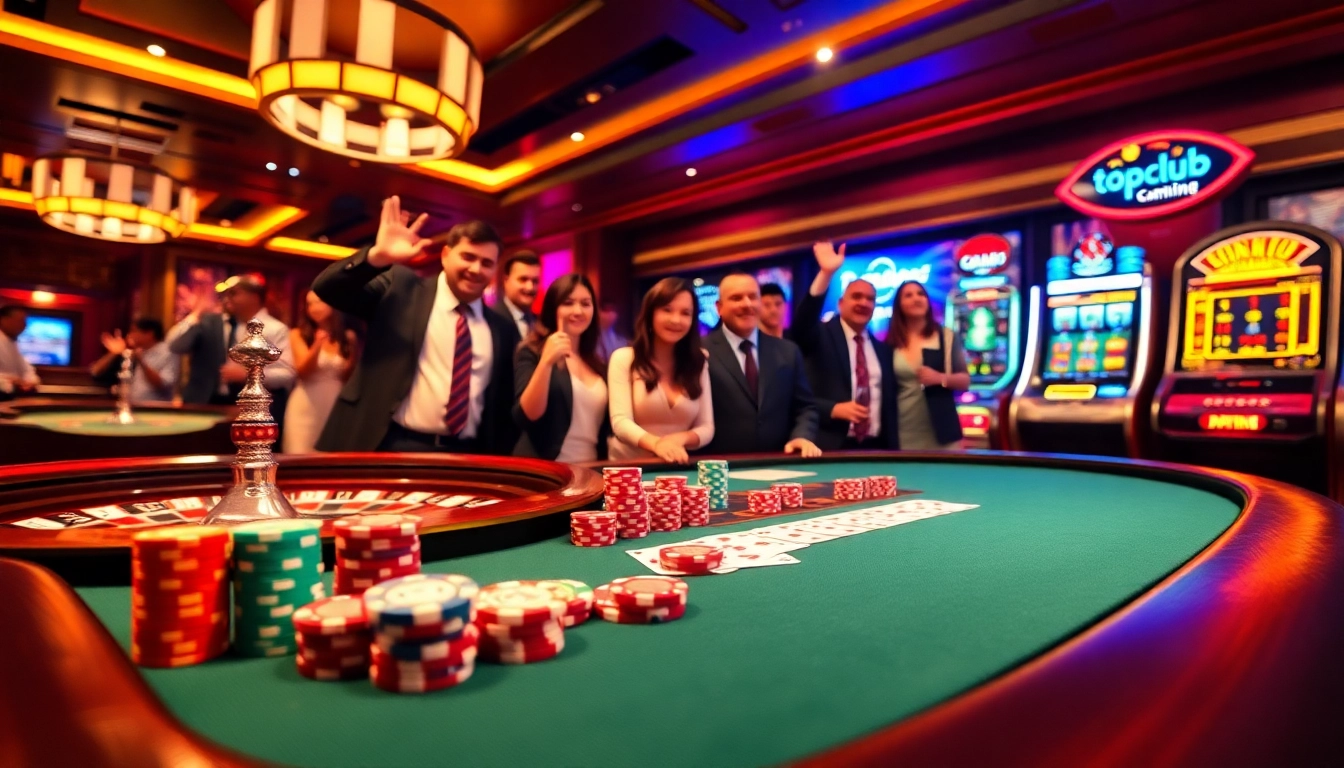 Experience the excitement of topclub gambling at a luxury casino with vibrant poker tables and slot machines.