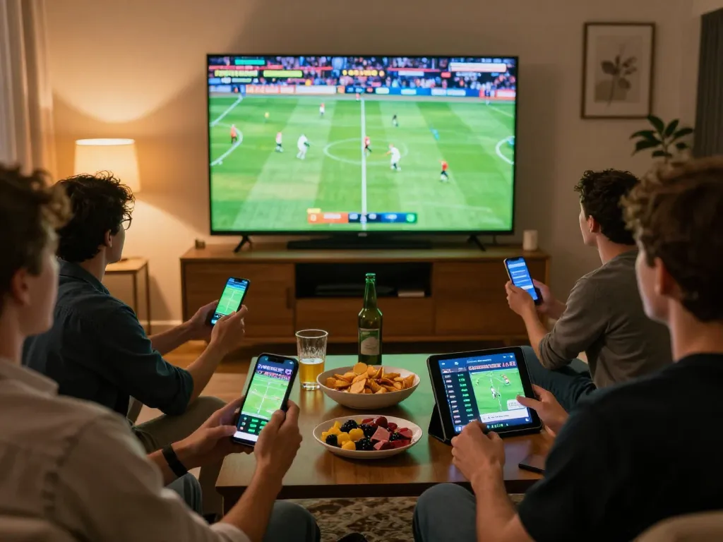 Friends engaging in sports betting while following KQBD updates on devices in a cozy setting