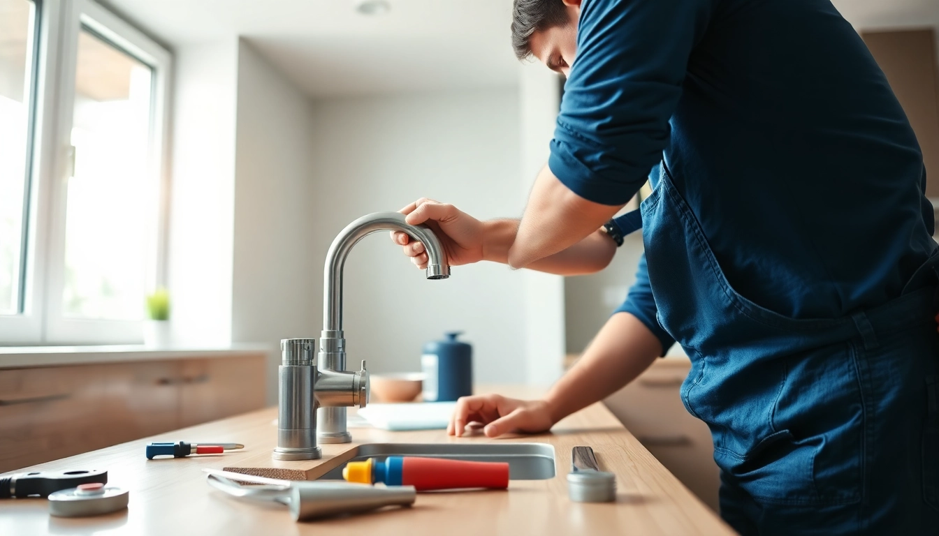 Skilled plumber fixing pipes in a modern kitchen, highlighting Plumber near me.