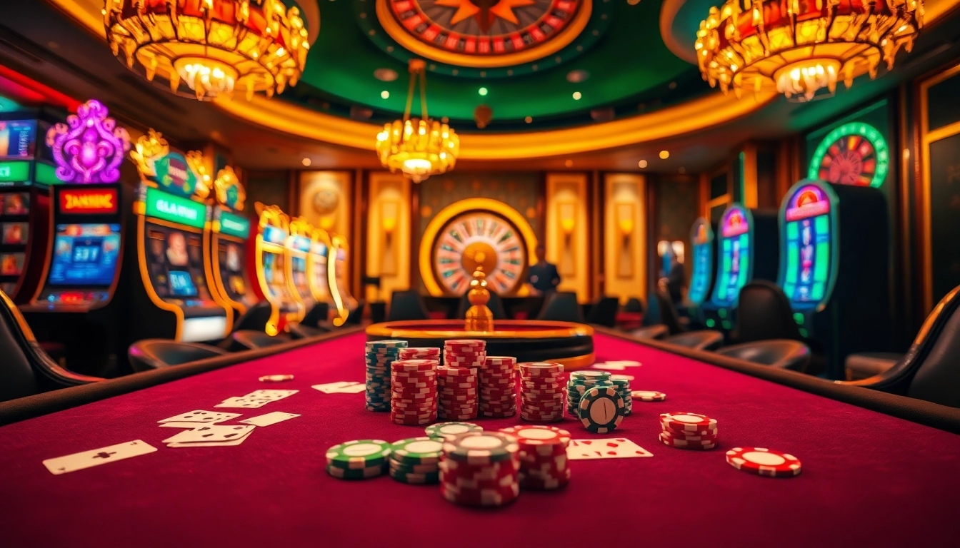 Exciting casino scene showcasing gambling action at trang chủ tg88 with vibrant tables and slot machines.