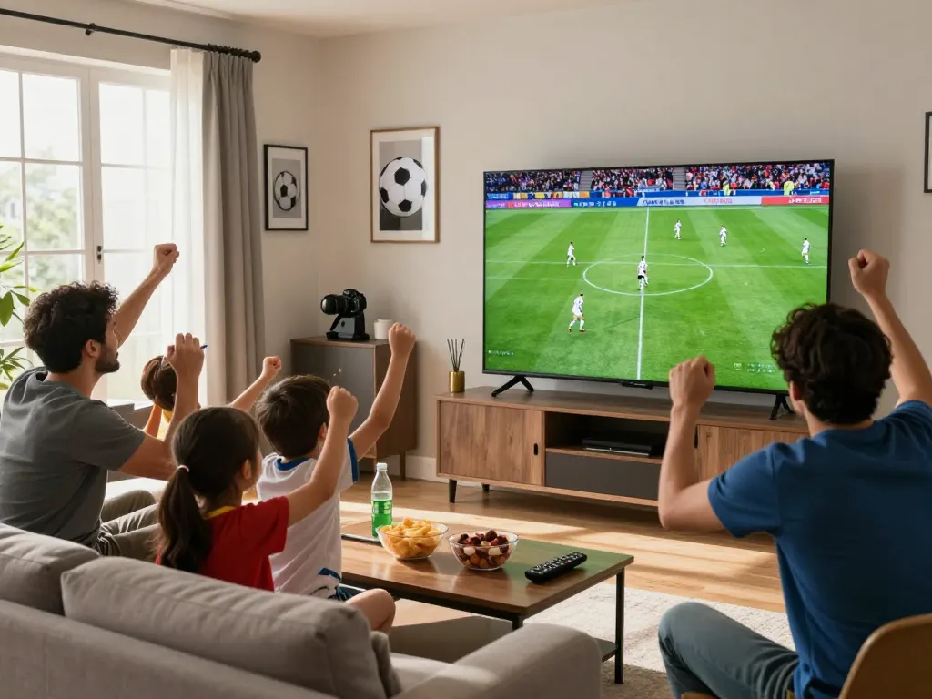 Engaged football fans enjoying lương sơn tv streaming a live match together in a vibrant living room.