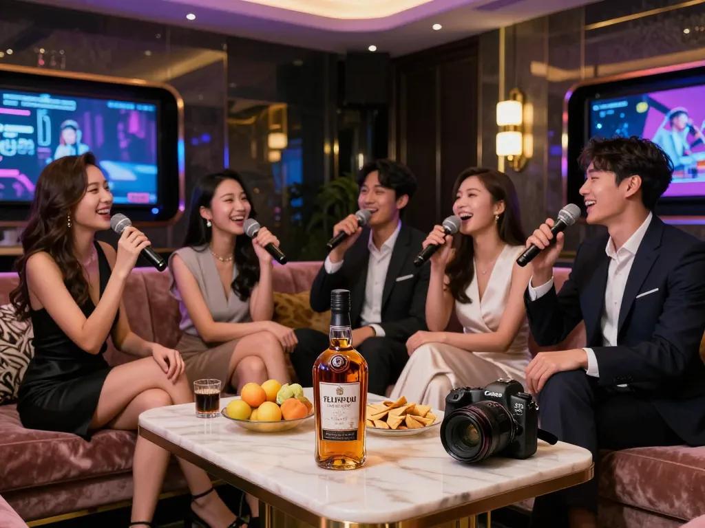 Experience the vibrant atmosphere of 강남쩜오 in a high-end karaoke lounge with elegant decor and exciting entertainment.