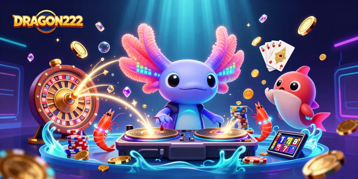 Experience the excitement of DRAGON222 slots with vibrant 3D characters amidst golden coins and gems.