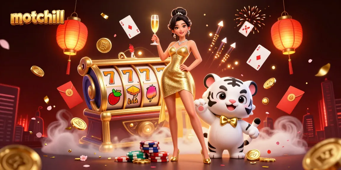 Experience the thrills of motchill with an exciting casino-themed illustration featuring a glamorous woman and a lucky tiger cub.