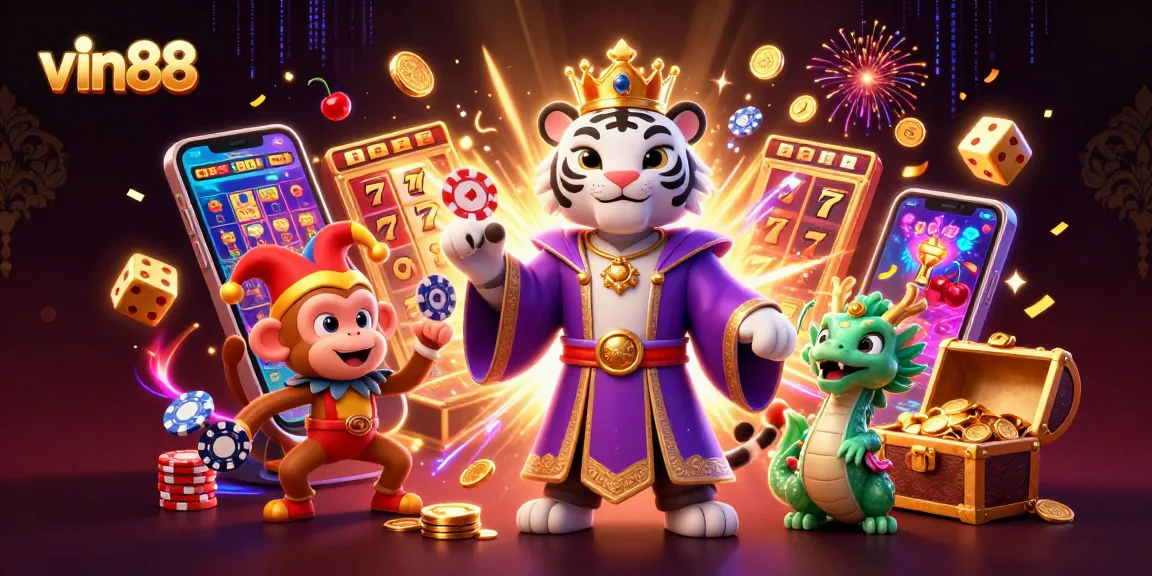 Experience vin88's vibrant casino world, featuring a glamorous tiger, playful monkey, and jackpot explosion.
