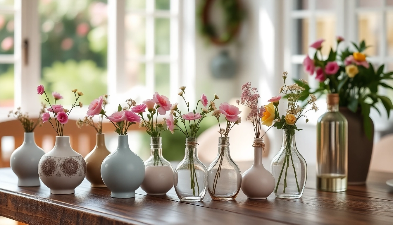 Beautifully arranged bud vases with colorful flowers on a rustic table, showcasing elegance.