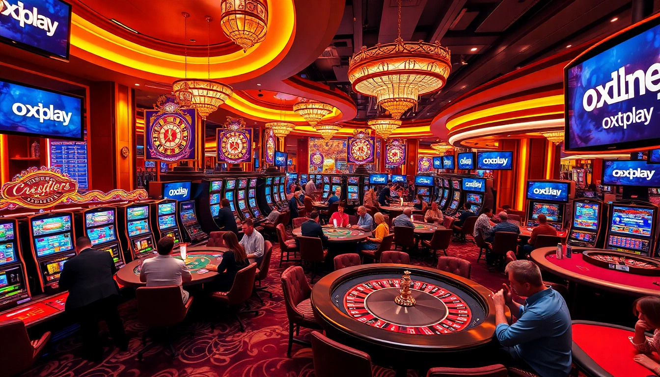 Exciting slot machines and poker tables showcasing oxplay branding in a vibrant casino atmosphere.