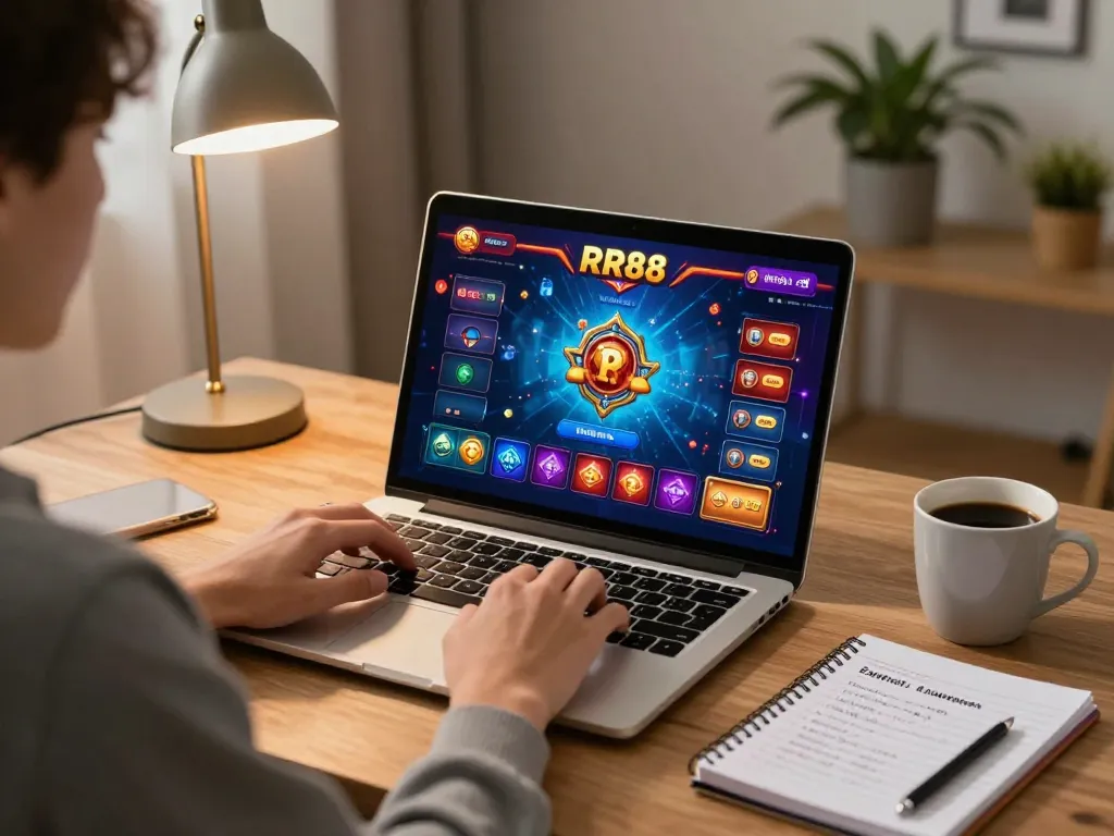 Engaging online gaming session at home with RR88 casino app active on laptop screen, showcasing a strategic approach to gambling.