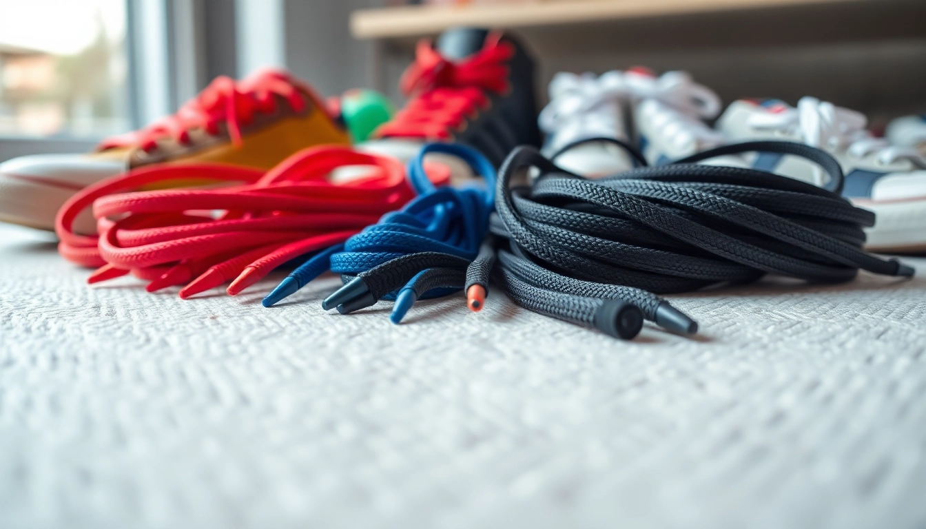 Standard lace length guide for Nike & Adidas displayed with various shoelaces showing lengths and colors.