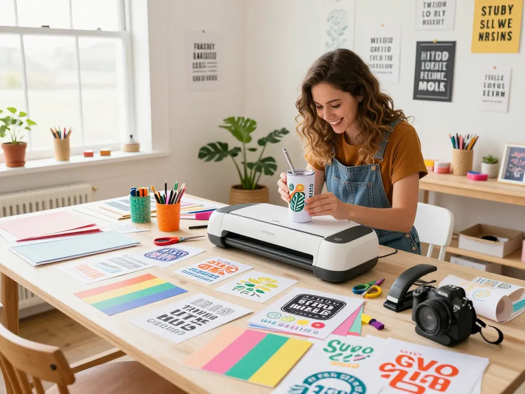 Artisan creating colorful tumbler designs from svg bundle in a bright workshop.