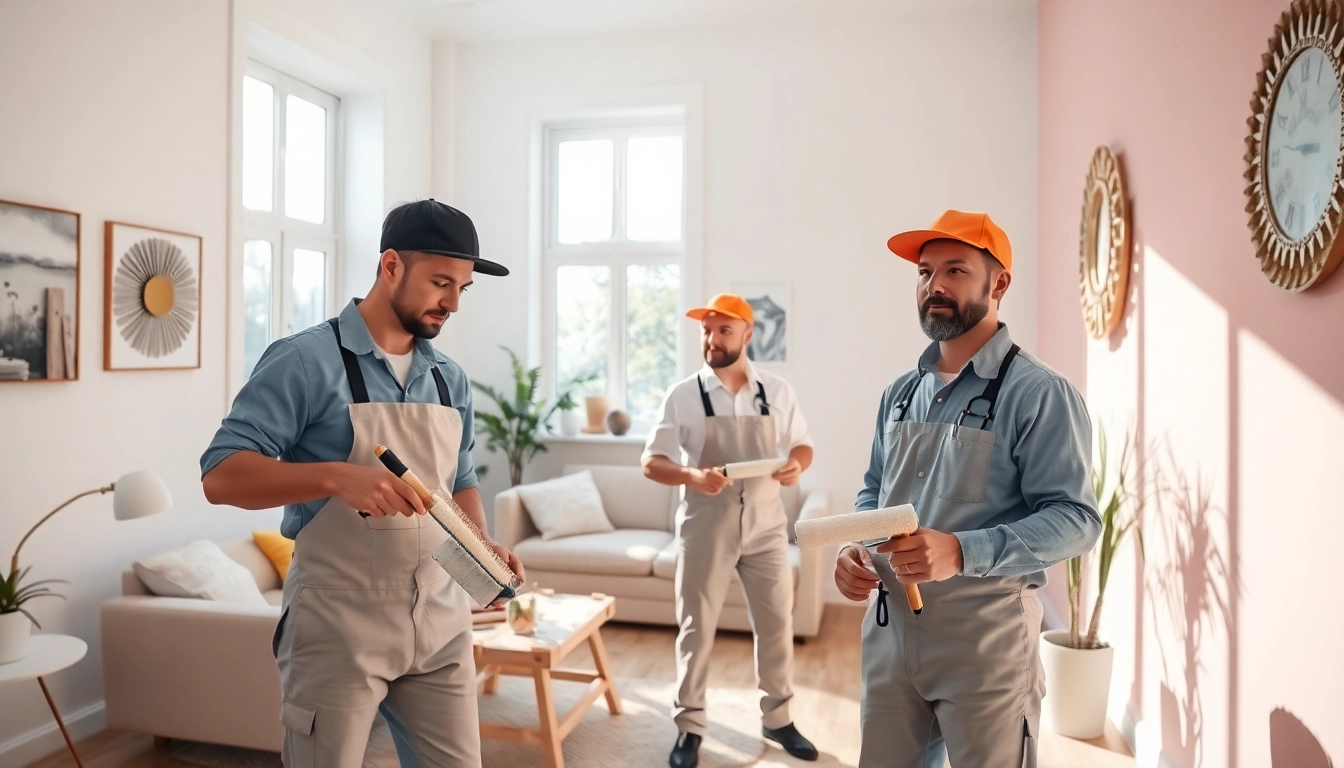 Professional painters transforming a bright interior space, showcasing their expertise in interior painting companies.