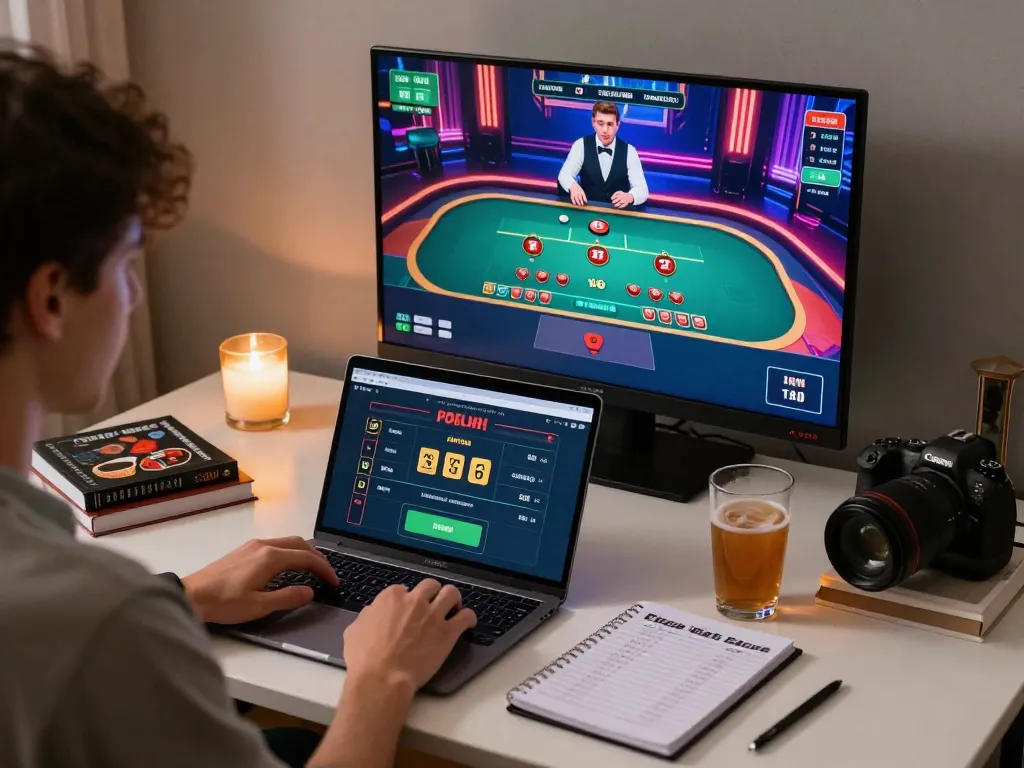 Player engaging in a live Blackjack game on 98win with strategic notes and a cozy home setup