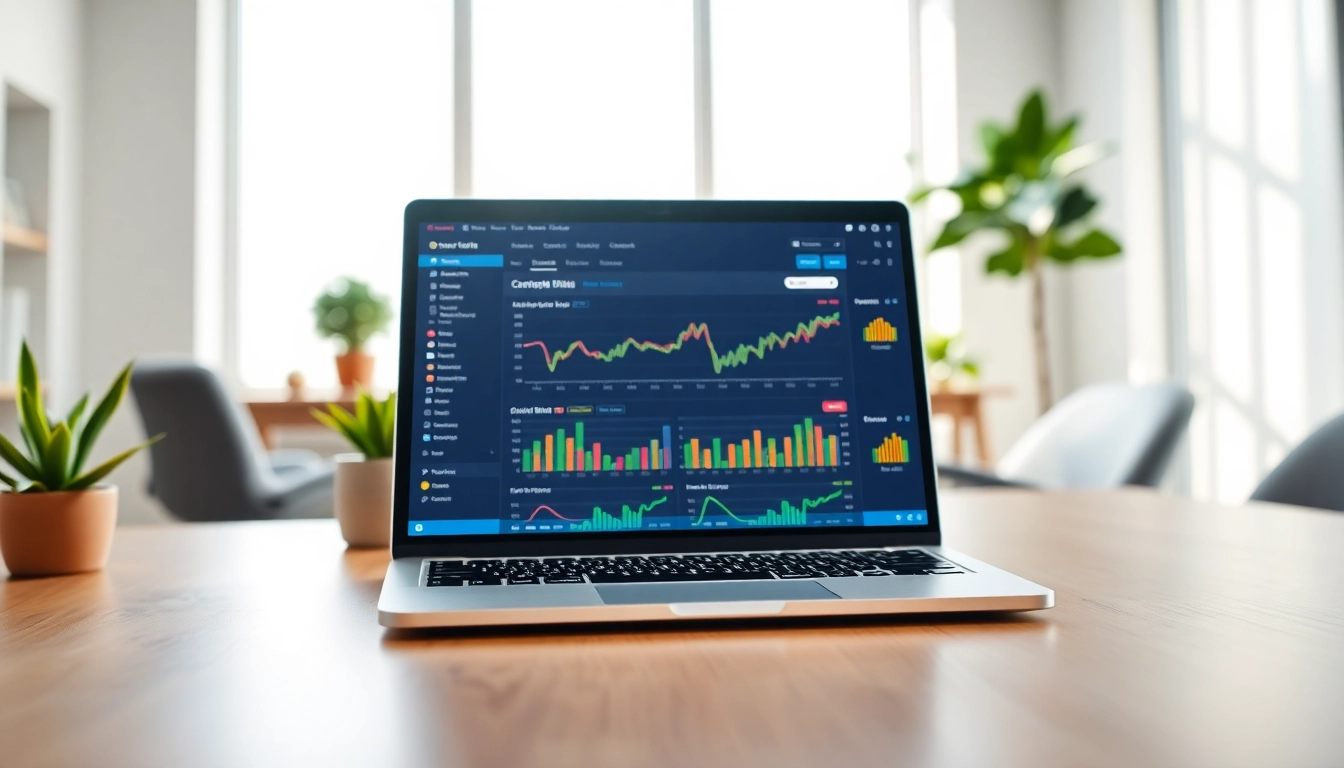 Analyze performance metrics with an SEO Rank Tracker displayed on a laptop in an office setting.