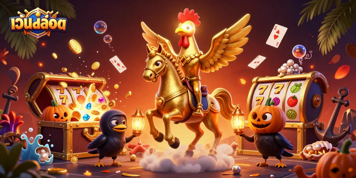 Experience เว็บสล็อต excitement with a vibrant 3D casino scene featuring a golden rooster and treasure-filled visuals.