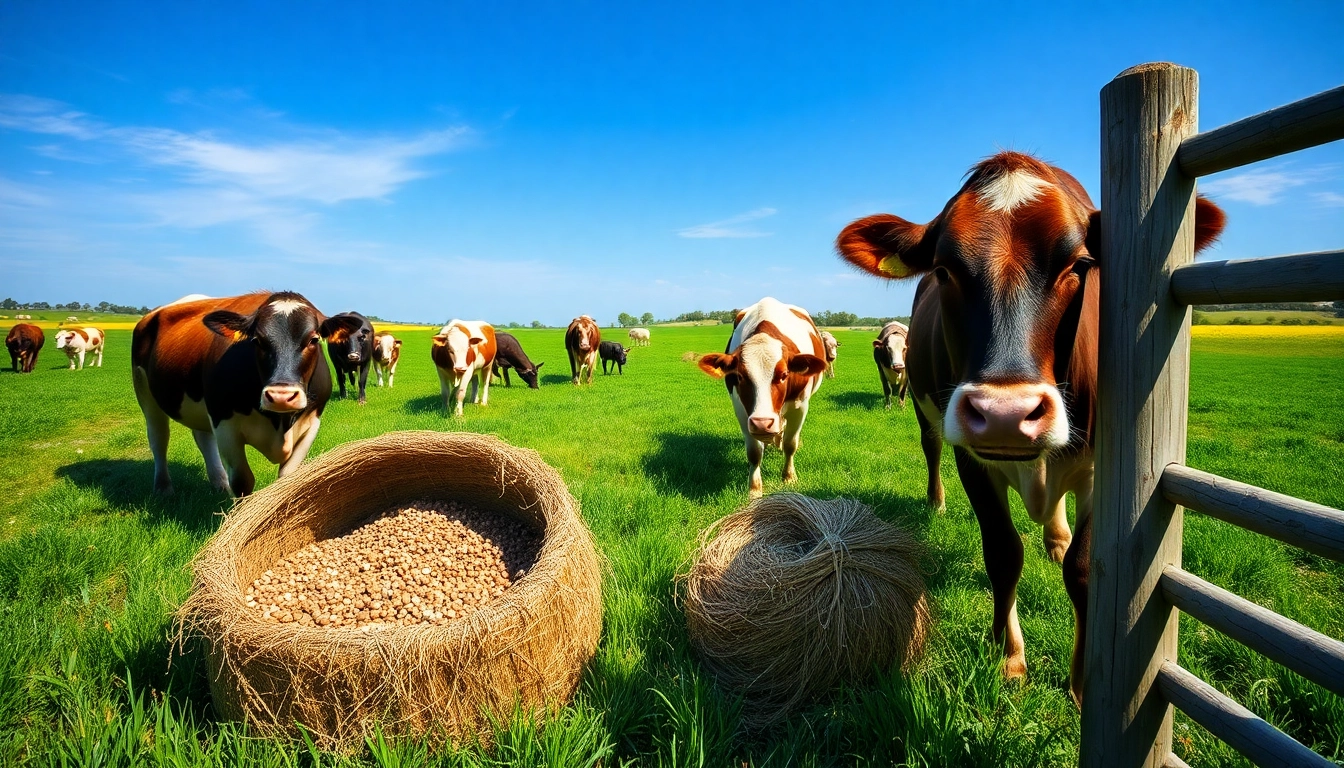 Cattle Feed showcased in a vibrant pasture with grazing cattle enhancing agricultural productivity.