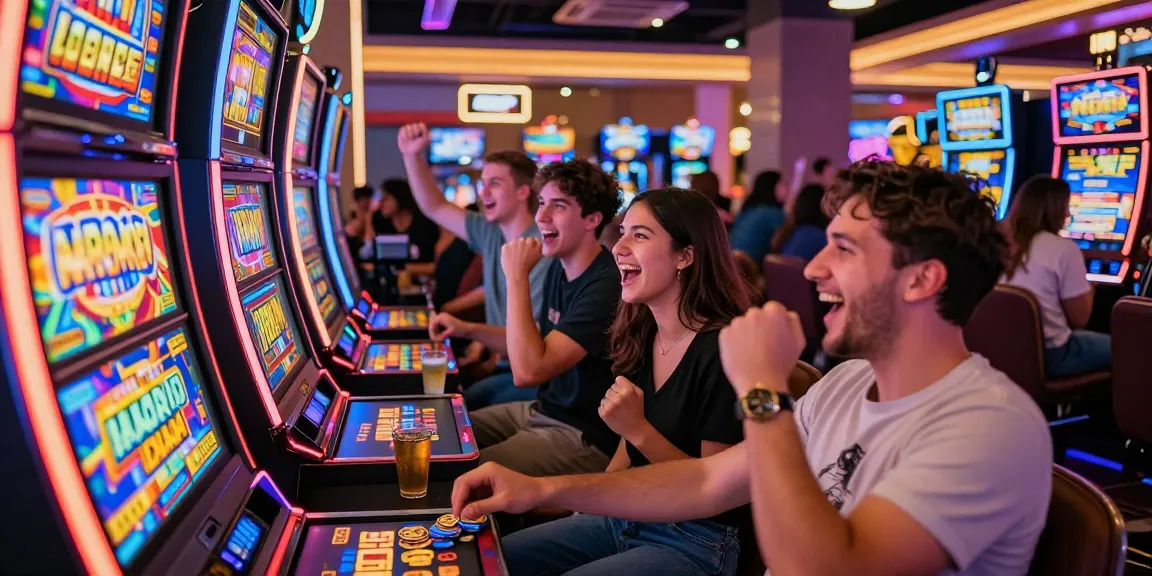 Friends enjoying slot gacor games in a lively casino atmosphere, showcasing excitement and vibrant lights.
