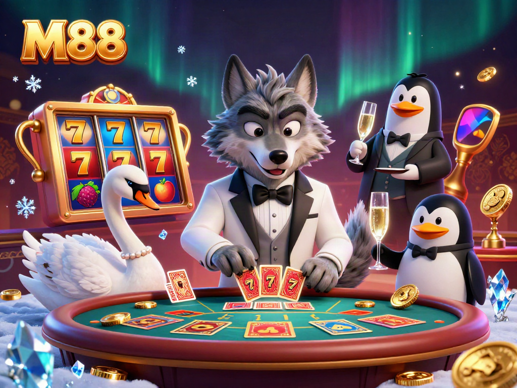 Engage with M88 as a debonair wolf plays baccarat while a swan deals cards and a penguin presents champagne.
