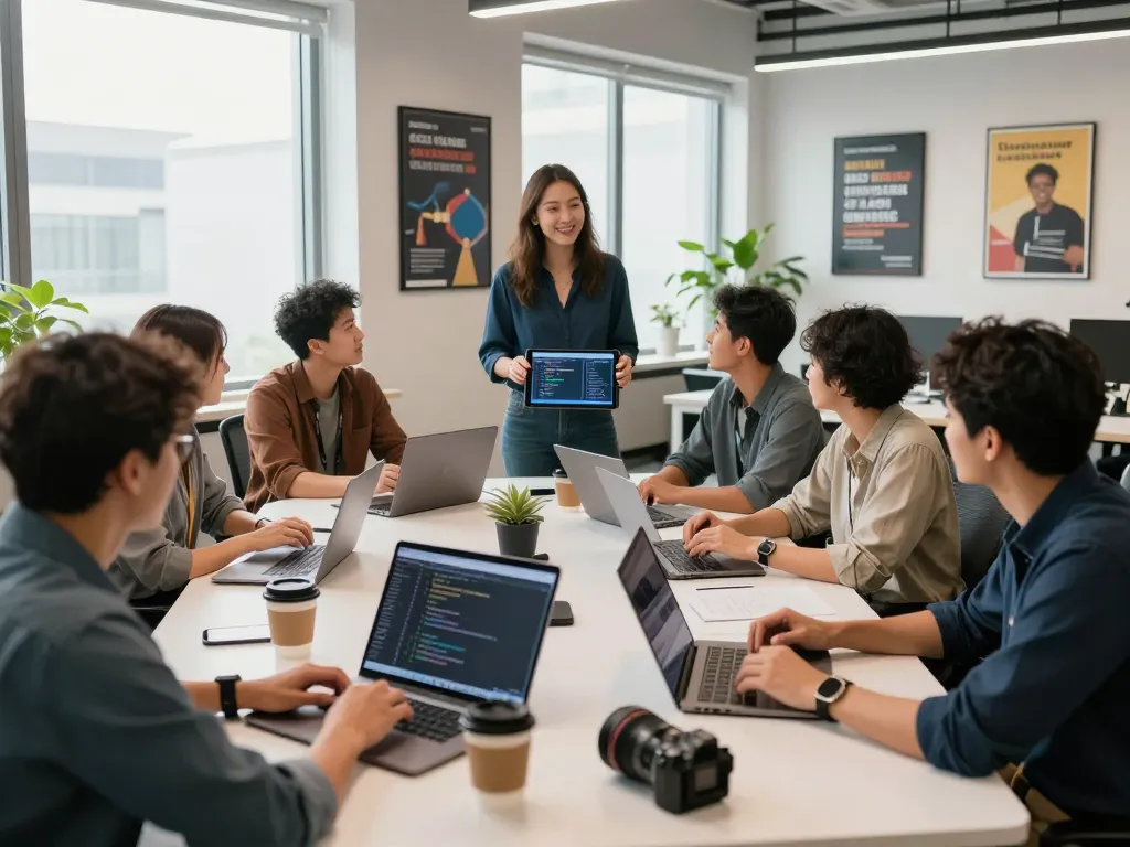 Team collaboration on sex ai technology project in modern office.