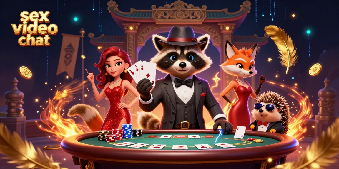 Engage in thrilling sex video chat with vibrant characters at a poker table in a lively casino scene.