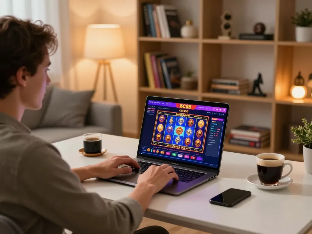 Player engaging with SC88 casino slots on laptop, enjoying a cozy home gaming setup with focused atmosphere.