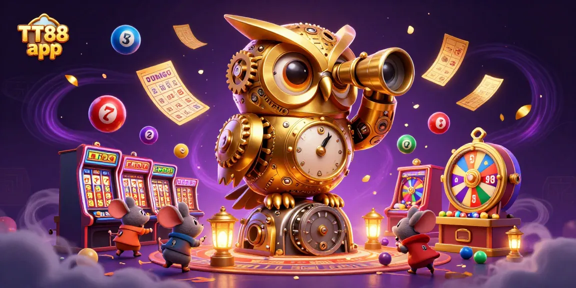 Experience the excitement of the TT88 app with colorful casino elements and a golden owl.