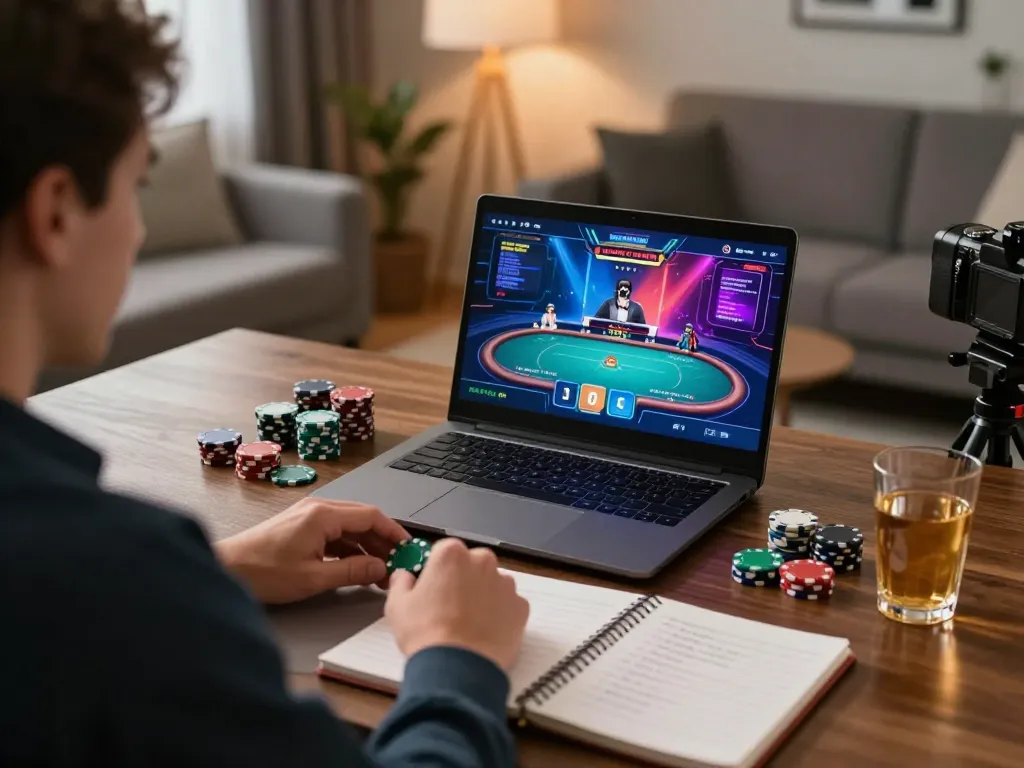 EE88 poker gaming strategy in a stylish home office with laptop and chips.