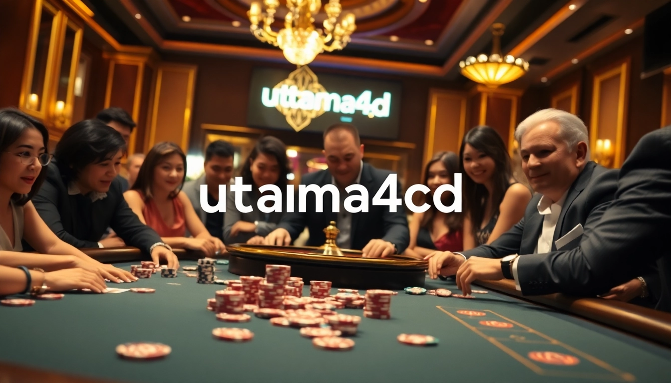 Para penjudi merencanakan strategi di meja poker mewah terkait Utama4D, dengan elemen kasino yang hidup dan ketegangan taruhan yang tinggi.