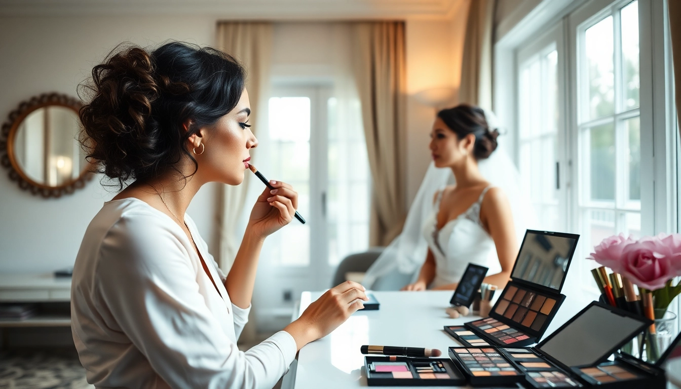 Wilmington Delaware makeup artist expertly applying makeup to a bridal client in a stylish setting.