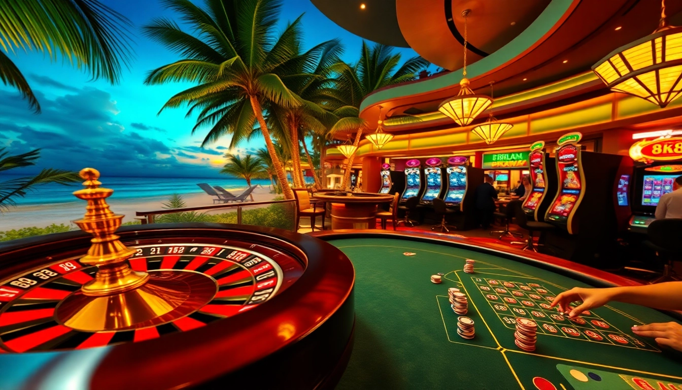 8k8 casino players enjoying exciting games with vibrant poker chips and a roulette wheel.