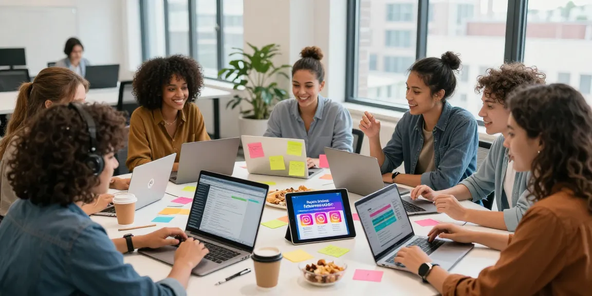 Team brainstorming strategies using affordable Instagram follower packages in a bright workspace