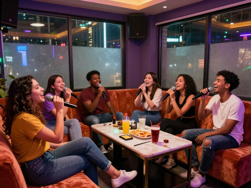 https://www.3no.org/bupyeong에서 친구들과 함께하는 노래방 밤, 음료, 화려한 조명, 축제 분위기를 특징으로 합니다.