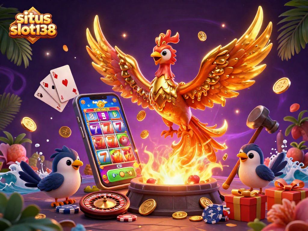 Experience the excitement of situs slot138 with a molten golden phoenix and vibrant slot game elements.