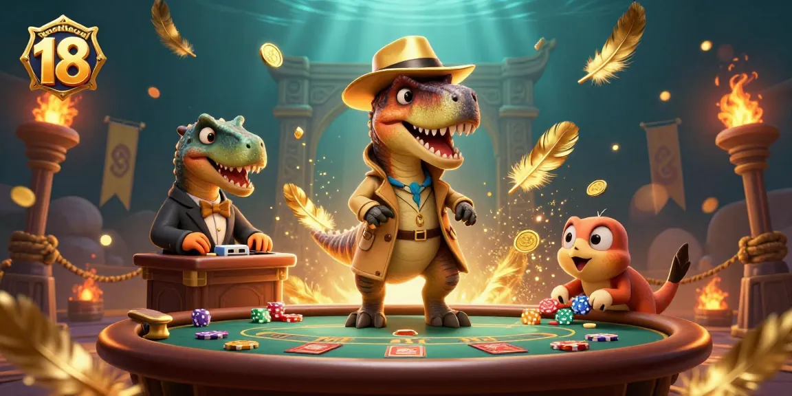 Bet on keonhacai 18 with a clever velociraptor at a vivid blackjack table surrounded by action.