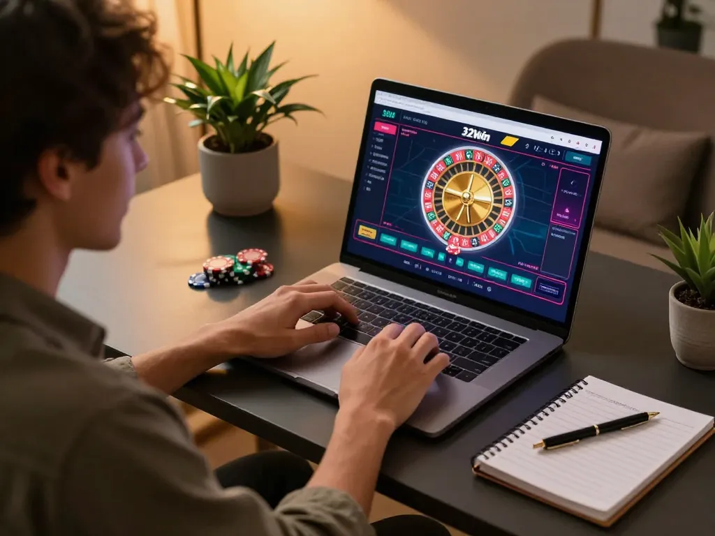 A player enjoying thrilling online roulette gameplay on the 32win platform while employing strategic betting methods.