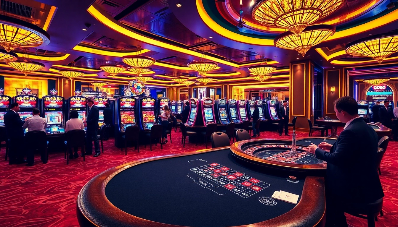 Experience the excitement of gambling at GG88 with vibrant casino visuals showcasing slot machines and a roulette wheel.