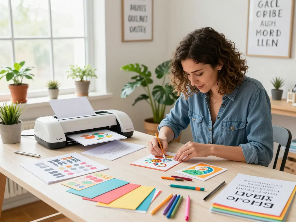 Cricut crafting scene featuring a woman designing personalized greeting cards with colorful materials and a Cricut machine.