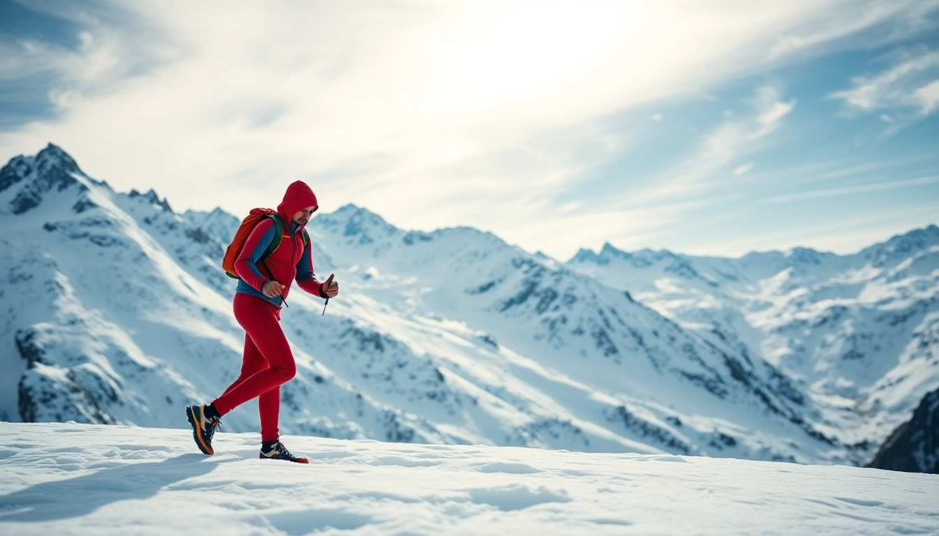 Hiker wearing the best thermal underwear for extreme cold in a snowy landscape, showcasing warmth and flexibility.