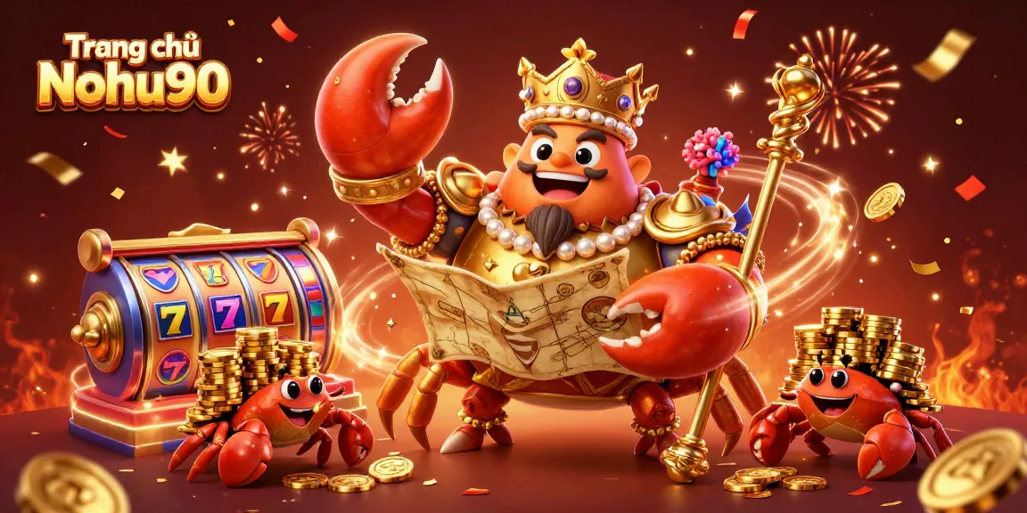 Spin the reels at Trang chủ Nohu90 with the golden crab emperor, surrounded by festive treasures.