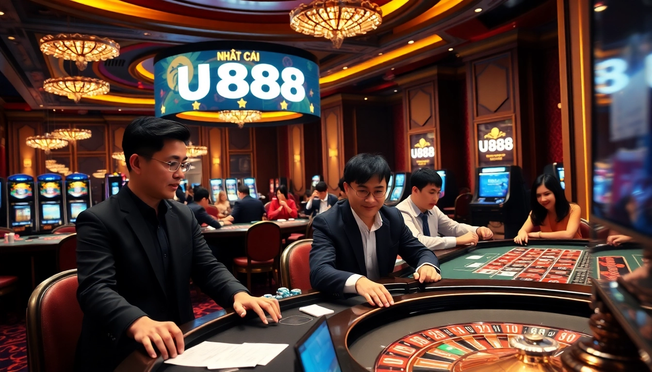 Experience the vibrant atmosphere of nhà cái u888 with players at casino tables.
