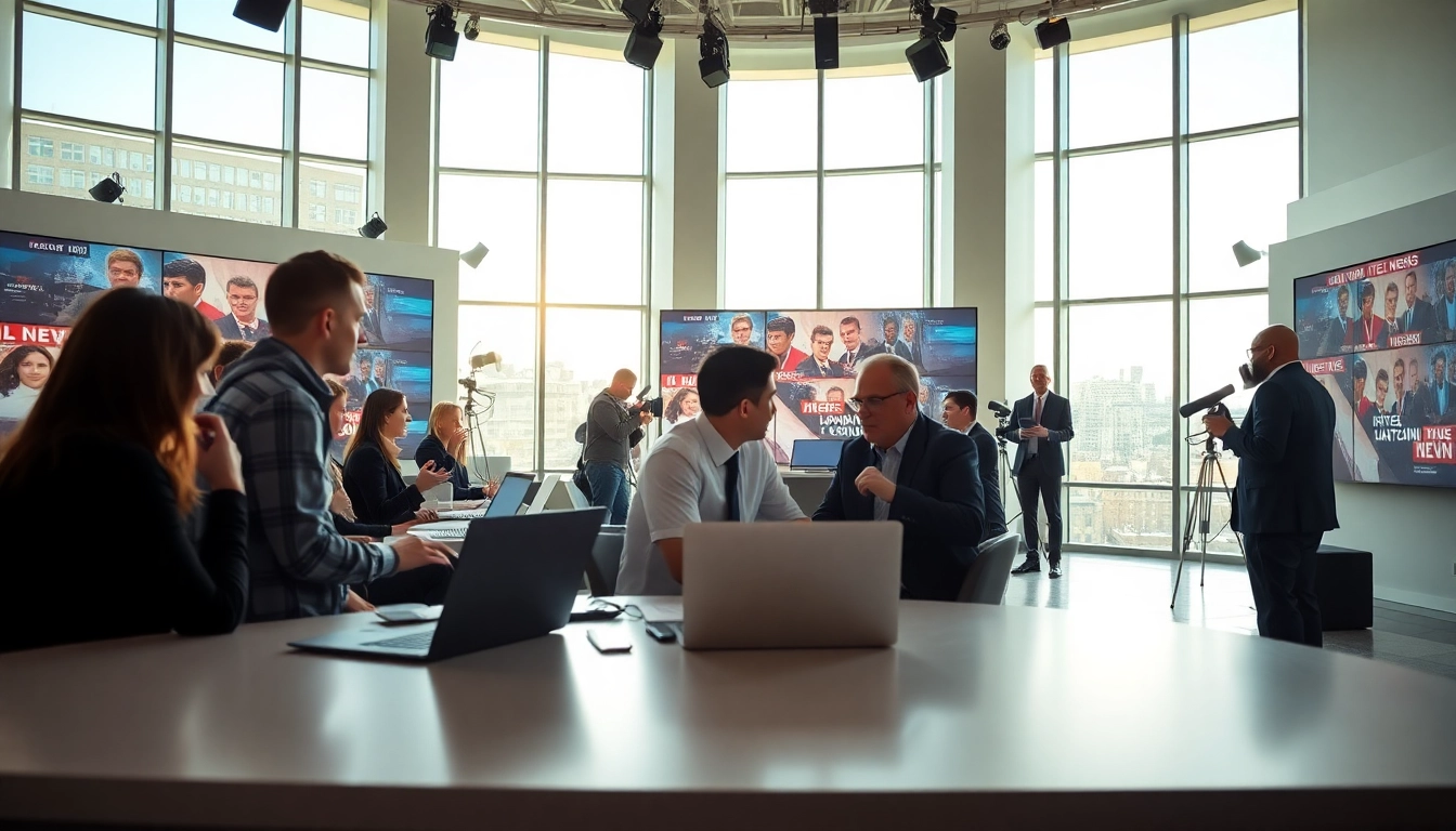Breaking news discussion among diverse journalists in a modern newsroom.