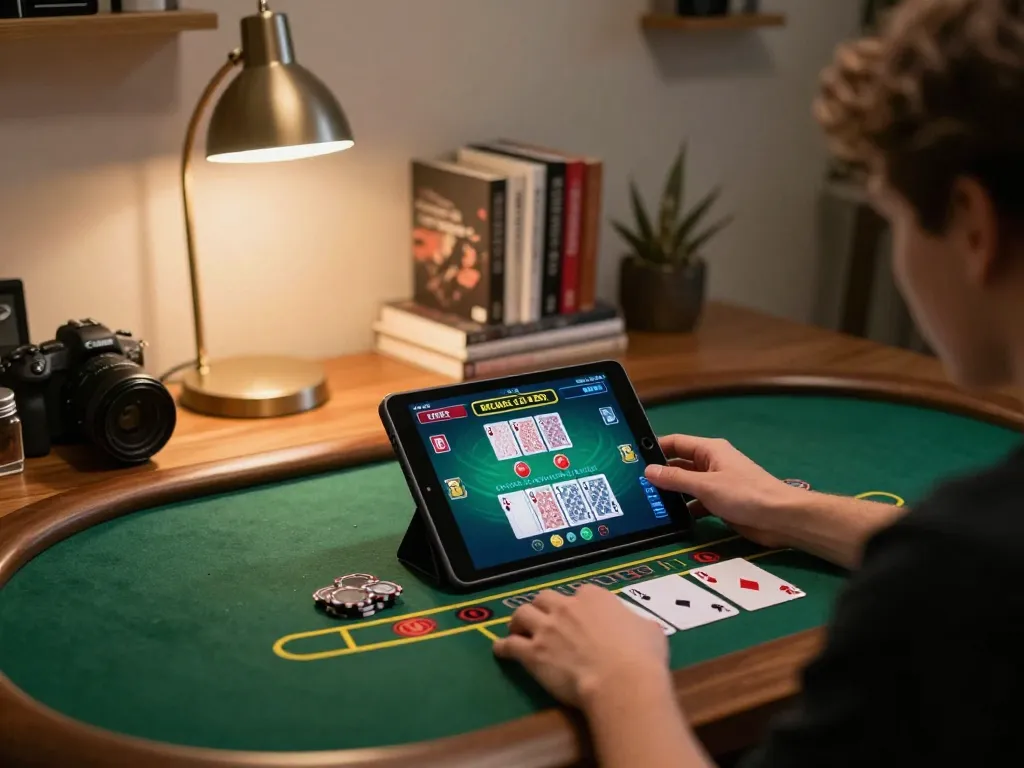 Engaging in sunwin online blackjack action with a tablet at a cozy home setup, showcasing strategic gameplay.