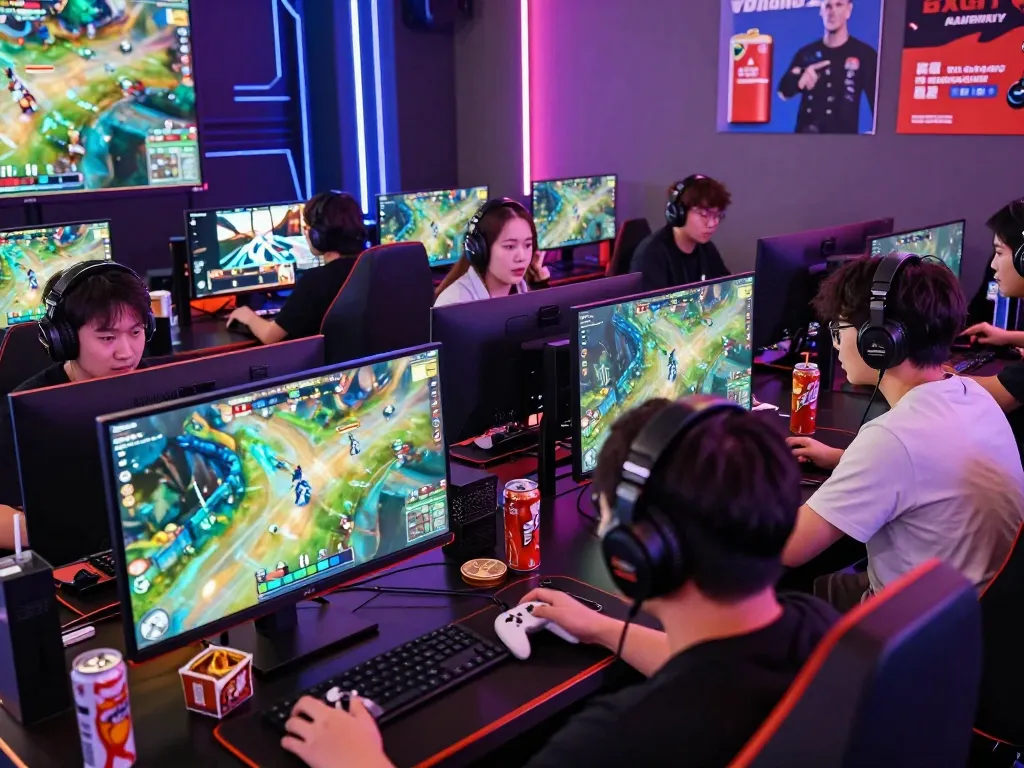 Exciting scene of diverse gamers competing in ligasedayu online tournament, surrounded by vibrant game graphics.