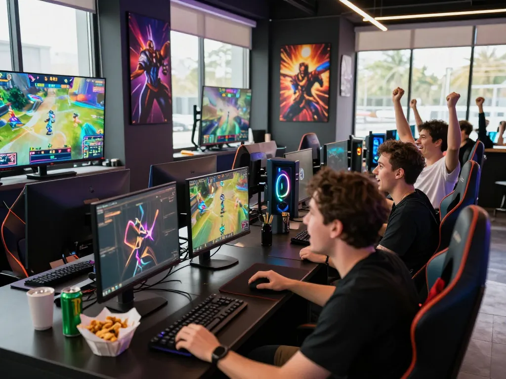 Exciting esports betting moment at hubet88, friends enjoying live matches with energy drinks in modern lounge.