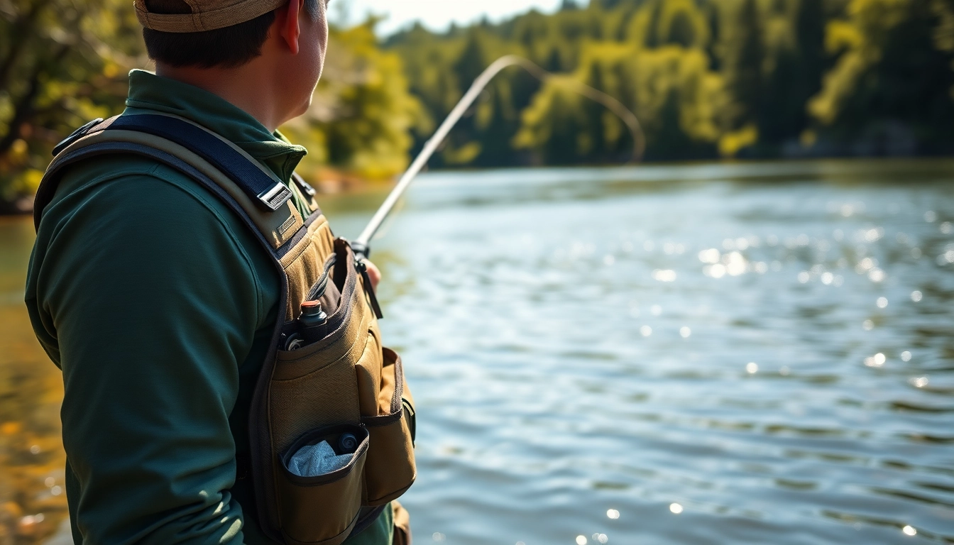 Angler showcasing a fly fishing chest pack while casting in a tranquil river environment.
