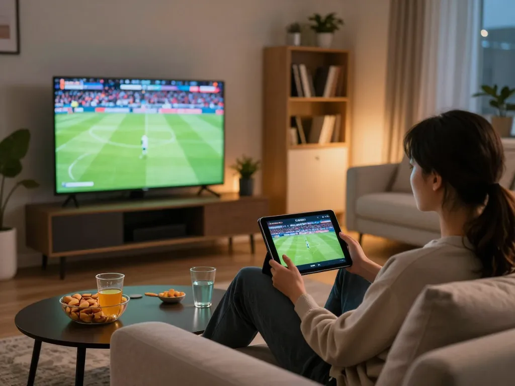 Cakhiatv streaming live football game in a cozy home setting with warm lighting.