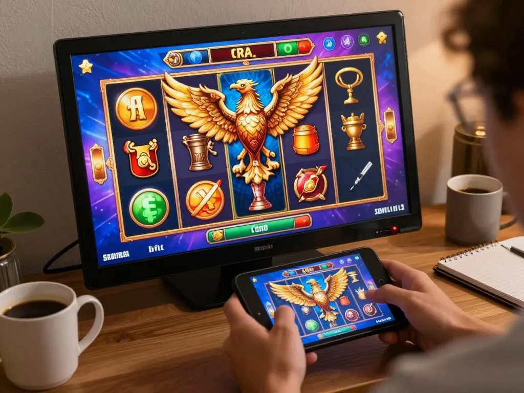 Engaging gameplay on garuda slot in a cozy home setting with animated reels and strategic notes visible