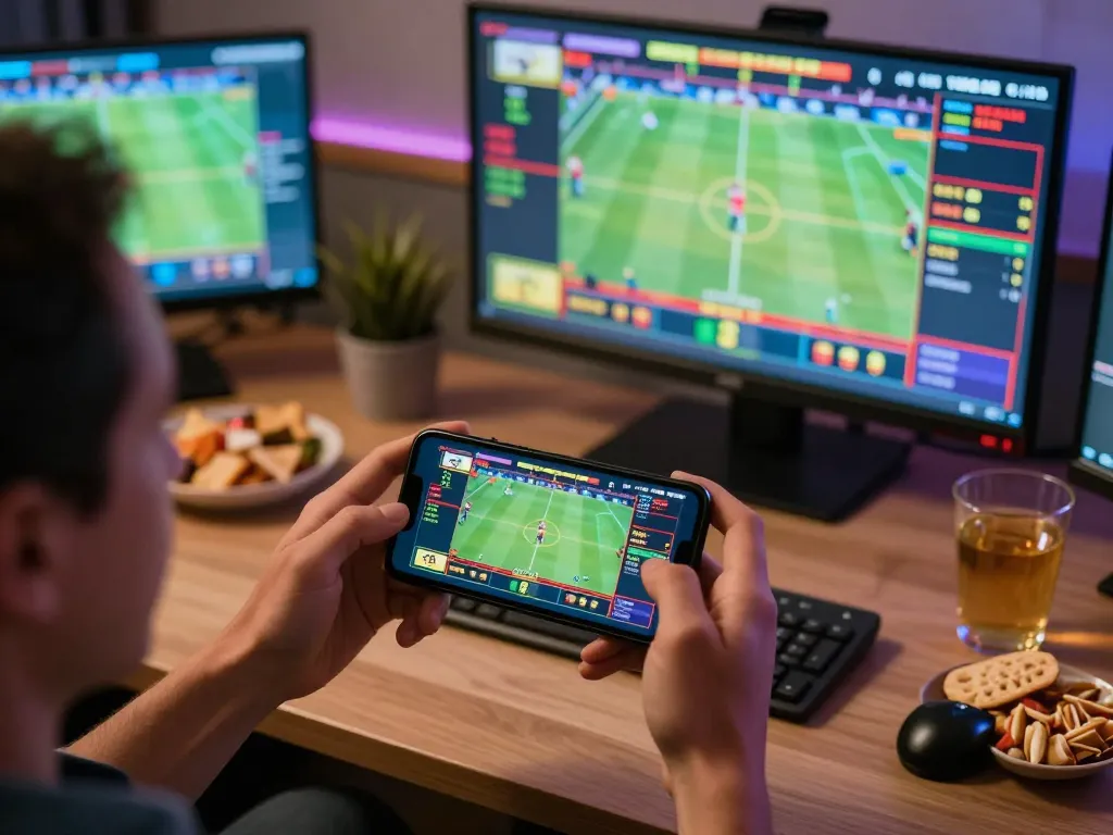 Bongdalu user engaging in live sports betting on smartphone, showcasing vibrant graphics and odds.