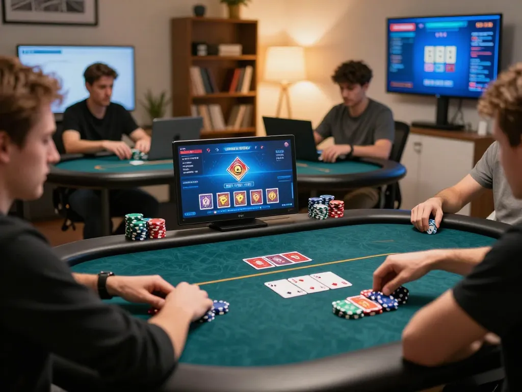 Players enjoying an online poker game with fly888 app, strategic betting in a warm home office.