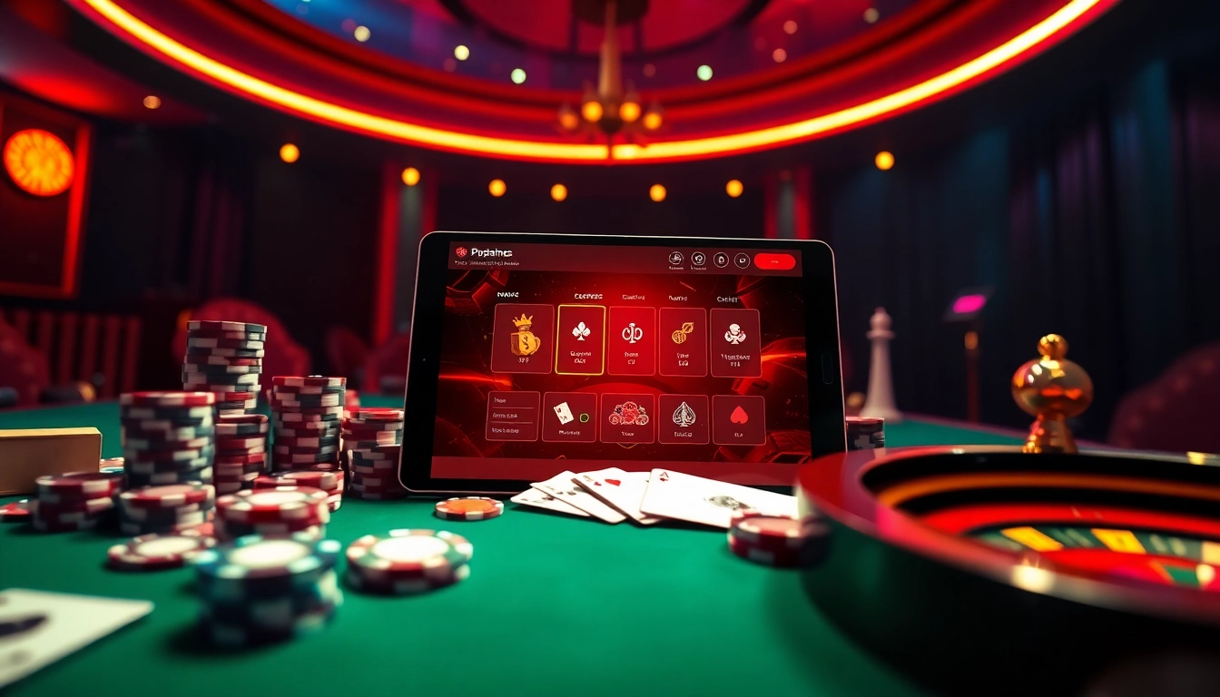 Experience the thrill of Tool xổ số siêu tốc with vibrant online gambling visuals highlighting poker chips and roulette wheels.