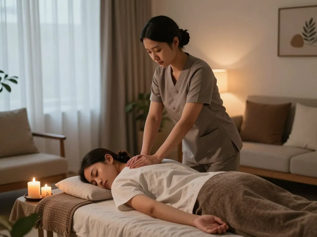 부천 출장마사지 in a serene home setting, showcasing a relaxed client enjoying soothing Thai massage.